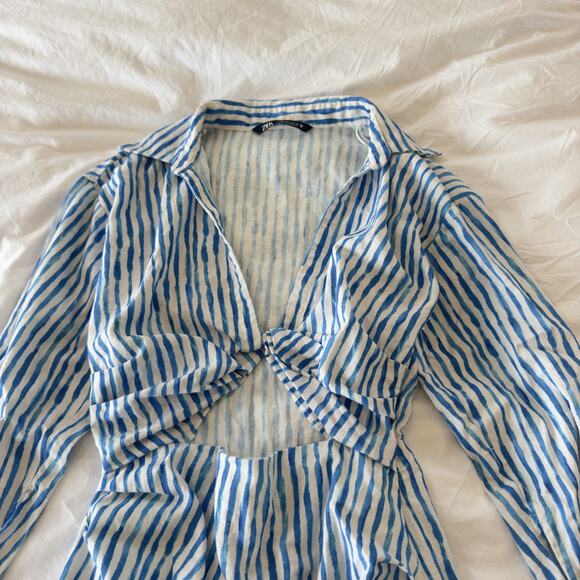 Zara Striped Linen Blend Mini Dress Blue White Size S Cut-Out Summer Sundress - Picture 3 of 6